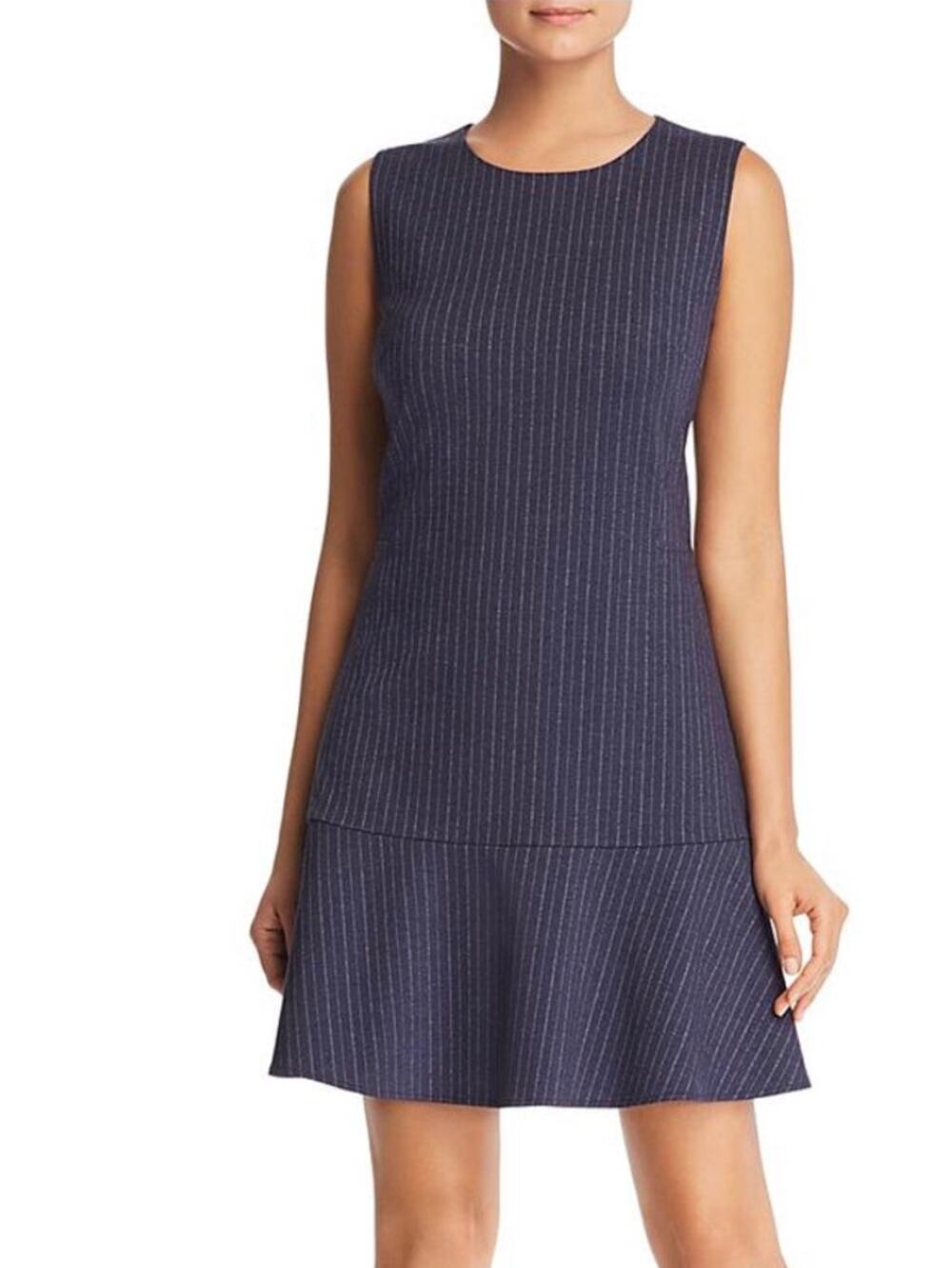 Le Gali Flutter Hem Sheath Dress Navy Blue Chalk PinStripe S